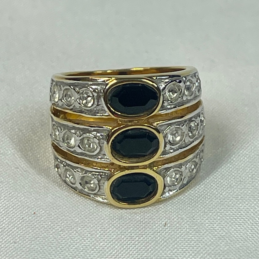 Vintage Two Tone Black Cabochon Rhinestone Statement Ring Gold Silver Tone Sz 5